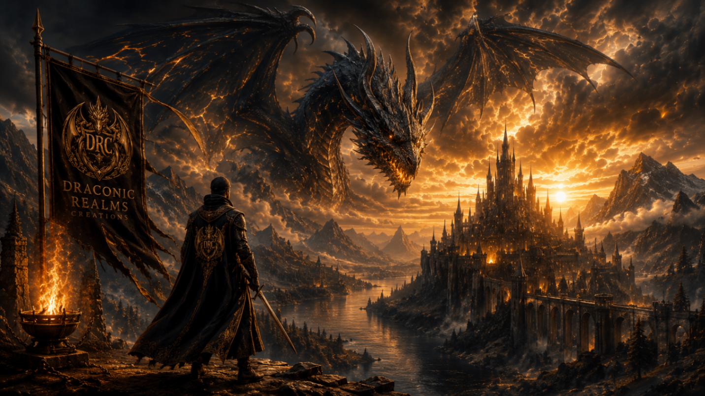 A cloaked figure with the Draconic Realms banner overlooks a golden castle realm beneath a great dragon